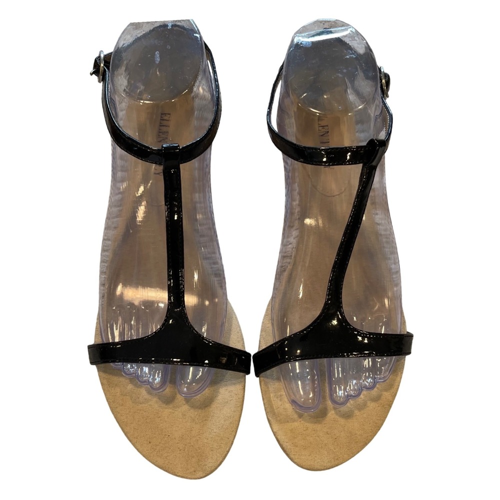 Ellen Tracy Dane Wedge Sandals Women 8.5 Black Patent T-Strap Cork Low Heel Chic